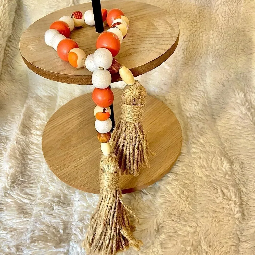 NEW Wood Bead Garland with Plaid Tassels